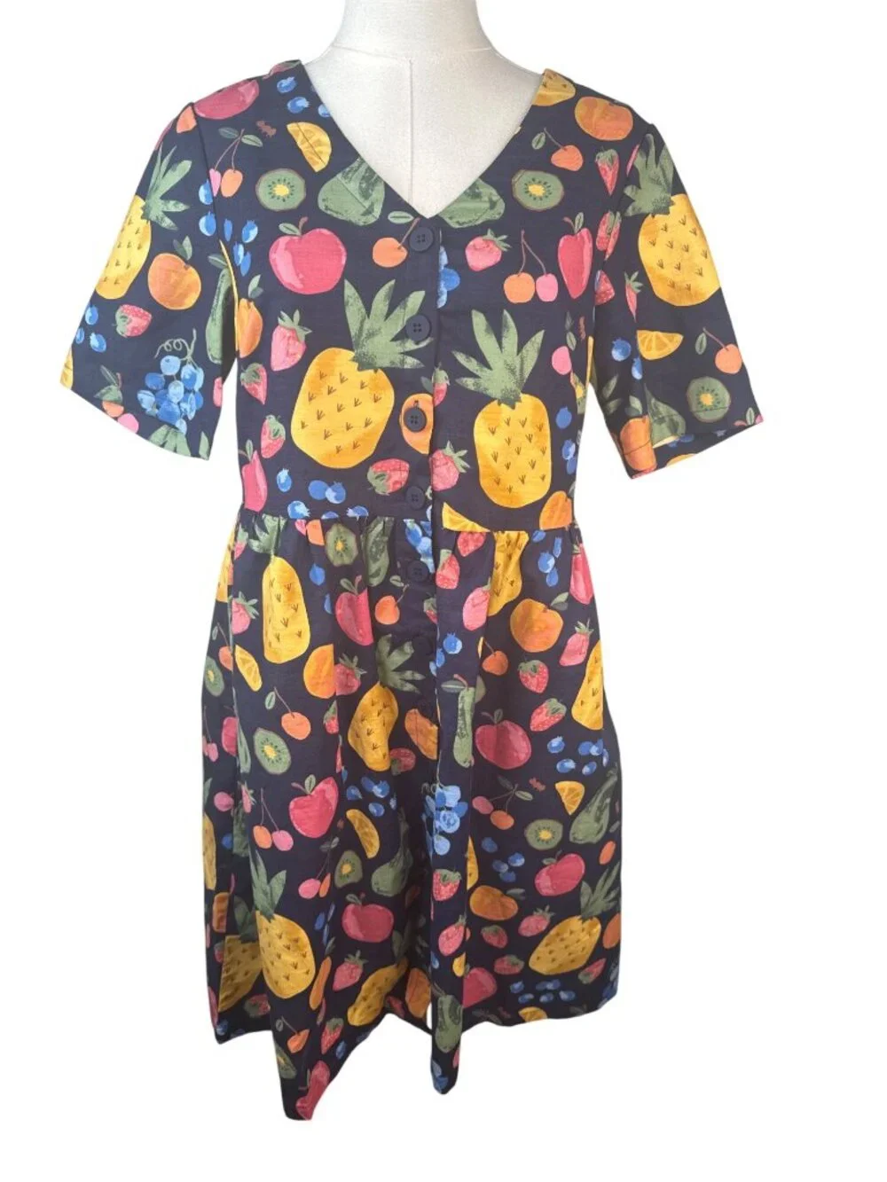 Princess Highway Size 6 Fruit Print Cotton Dress With V-Neckline & Button Front - Picture 9 of 16